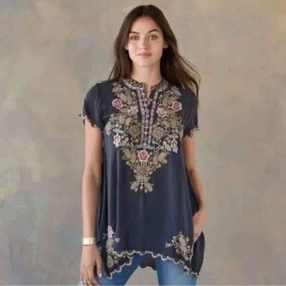 Johnny Was Talum Grey Embroidered Floral Boho High-Low Tunic Size Small - Picture 1 of 8